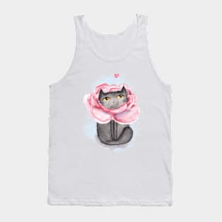 Watercolor cute cat and beautiful peonies. Tank Top